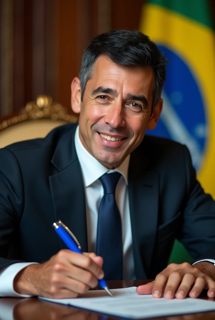 ((best quality)), ((masterpiece)), (detailed), perfect face, man, short black hair, 35 years old, determined look, as president of Brazil, Sitting in the presidential chair, signing laws with a blue pen, This law will recover all state-owned companies that were privatized, determined face, the Brazilian flag is in the background