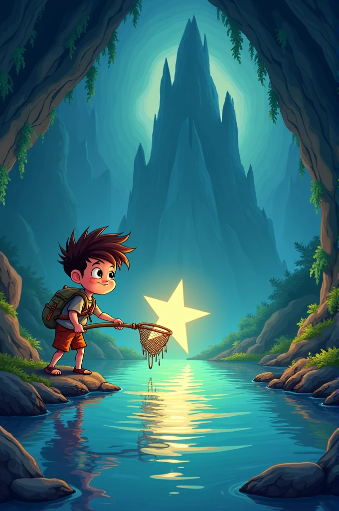 Make a cartoon style drawing about The boy uses a makeshift net to pull the star from the bottom of the lake. The star emits a soft glow, and the cave begins to illuminate with its light.