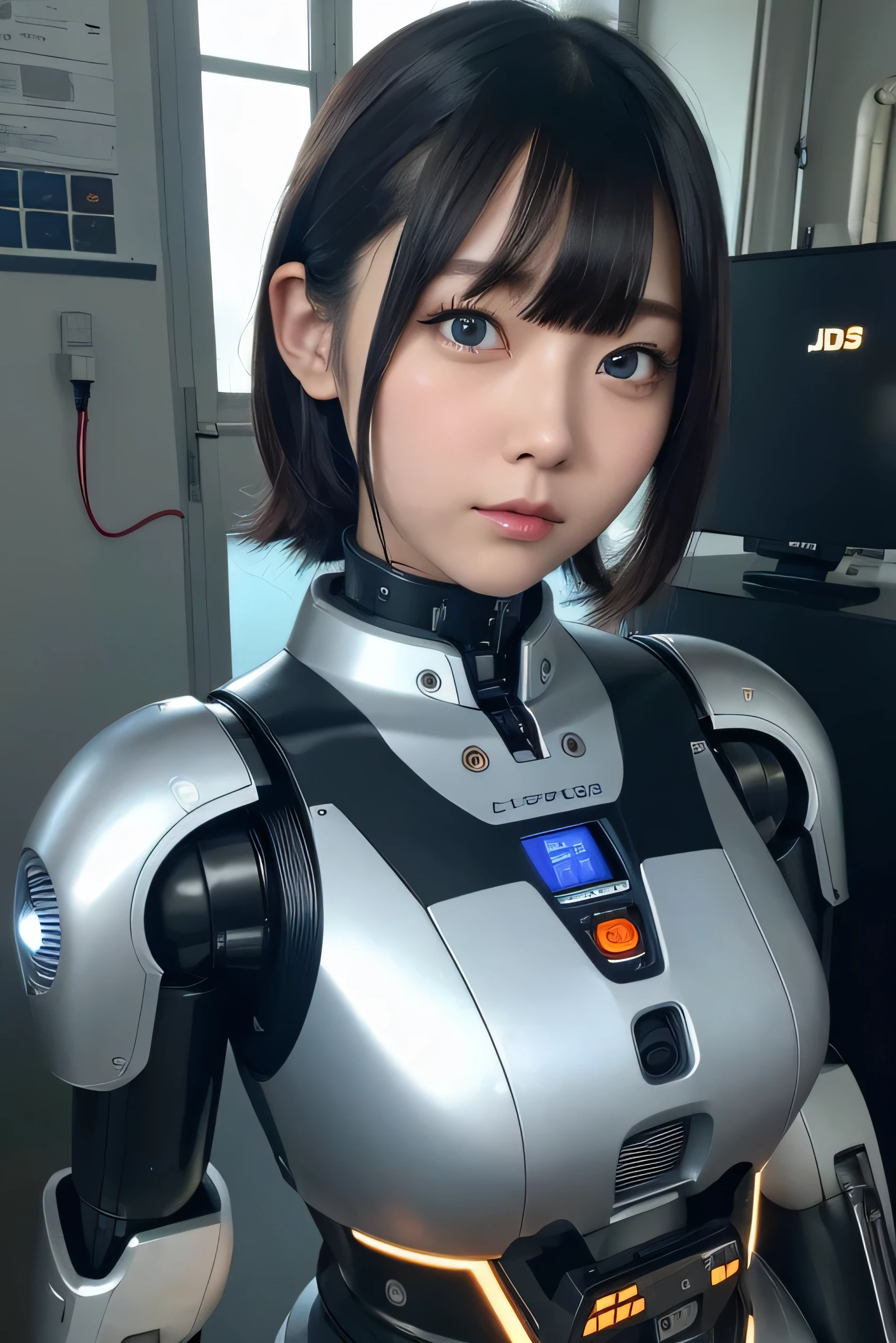masterpiece, best quality, extremely detailed, Japaese android girl,portrait,Plump,a bit chubby,control panels,android,Droid,Mechanical Hand, Robot arms and legs, Black hair,Blunt bangs,perfect robot girl,long tube,thick cable connected her neck,android,robot,humanoid,cyborg,japanese cyborg girl ,robot-assembly plant,She is assembling now,assembly scene,blue eyes,chest monitor