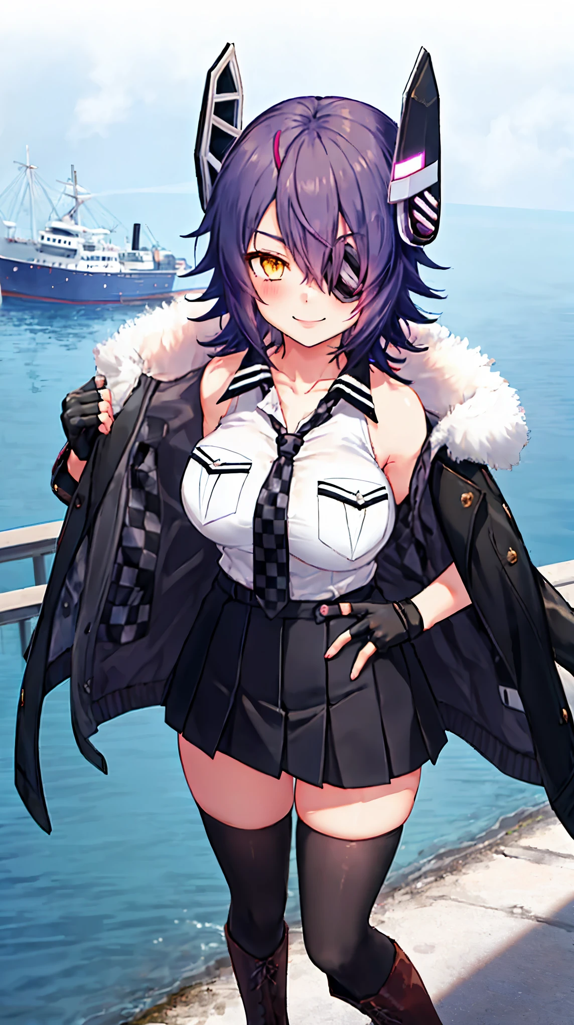 best quality, masterpiece, solo, {tenryuu_kantaicollection:1.}, teirl, eyepatch, short_hair, purple_hair, yellow_eyes, headgear, breasts, necktie, large_breasts, smile, 1girl, blush, checkered_necktie, hair_over_one_eye, shirt, collared_shirt, white_shirt, jacket, sleeveless, brown_eyes, fur-trimmed_jacket, fur_trim, collarbone, looking_at_viewer, pocket, breast_pocket, ,, messy_hair, black_gloves, gloves, partially_fingerless_gloves,harbor_road_landscape_background,outdoor,short_skirt,thigh-highs,boots,sunlight,from_below