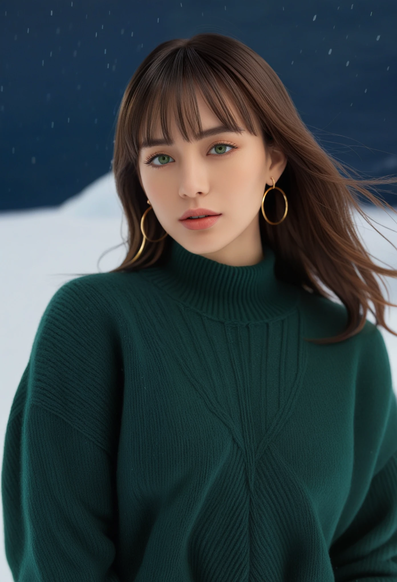 1 girl in  Antarctica, snowstorm, , detailed beautiful face, blunt bangs, detailed green eyes and lips, long eyelashes, oversized sweater, dark wash skinny jeans, ankle boots, loose waves, center part, simple hoop earrings, (best quality,4k,8k,highres,masterpiece:1.2),ultra-detailed,(realistic,photorealistic,photo-realistic:1.37),studio lighting, vivid colors, Yaiba, Symmetrical face, (camera angle is from behind:1.5), 