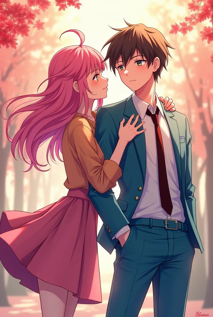 Create a manga cover with the title "Kyūpiddo no Kisu" in Japanese, featuring two adult protagonists in a detailed and colorful anime style. The girl has pink hair and wears vibrant, colorful clothes, while the man is dressed in a suit. The theme is a bright and romantic story of self-discovery, with the girl falling in love with her Cupid, who is the man in the suit. The cover will be well-lit, with expressive characters and a warm, engaging atmosphere.