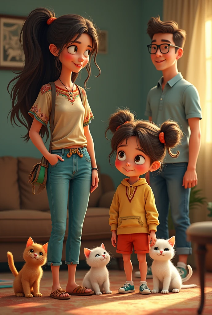 Animated tall thin hippie looking woman with a chubby 7 year old girl with two ponytails with loving kittens and a man in a polo shirt with reading glasses
