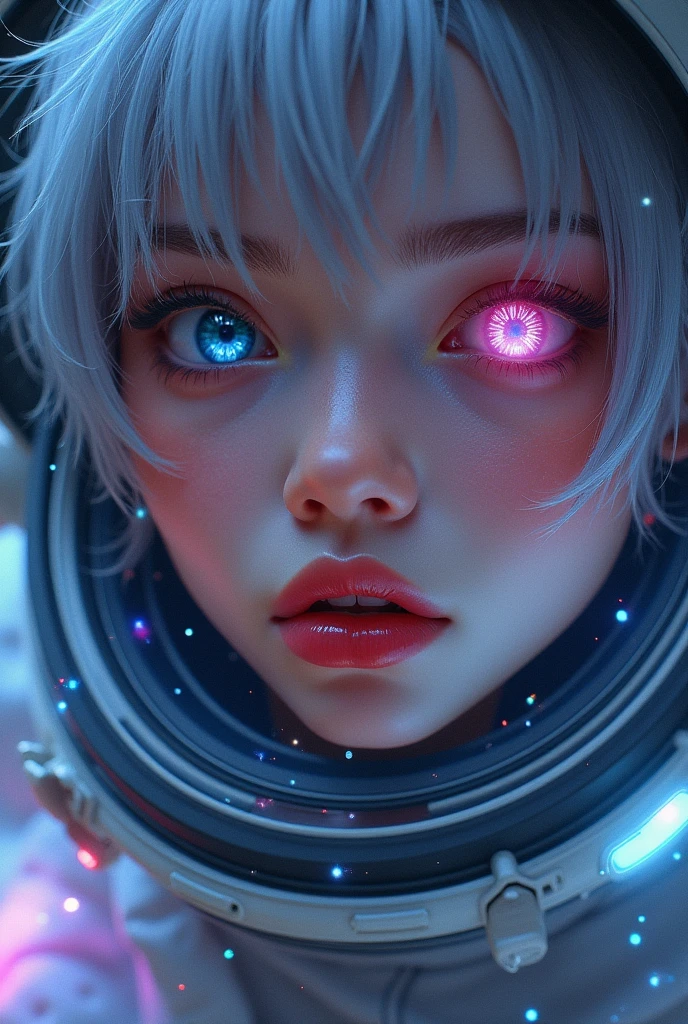 (Close-up of a better masterpiece:1.5)0.9], (Space and astronauts:1.2) (Messy silver hair:1.1) (Heterochromia xanthochromia and blue eyes:1.2) (Space Helmet:1.0) (Colored stars in the eyes:1.0) (A radiant glow:1.1) (thick lips:0.9)