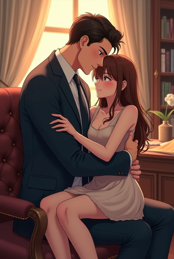 Anime tall brunette male in suit cuddling with his smaller brunette girlfriend who is sitting on his lap in his office 