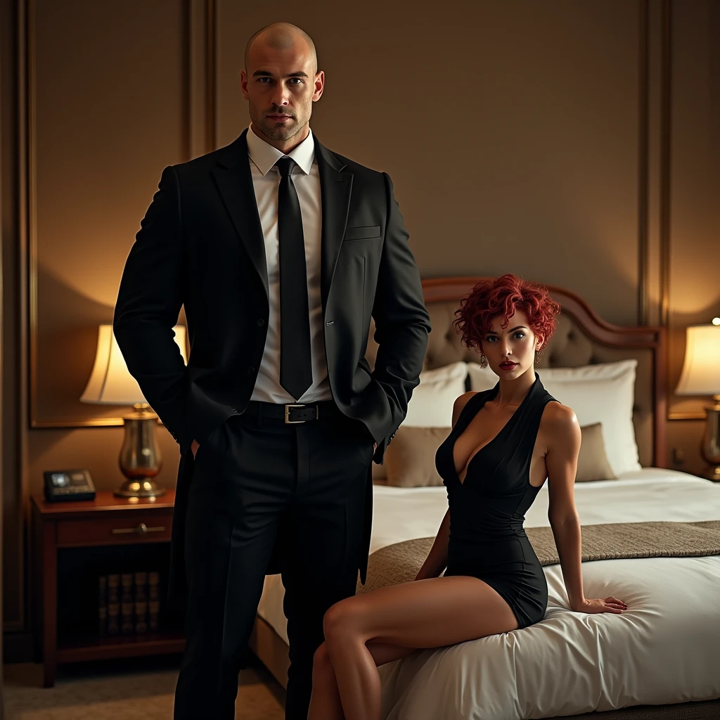 a photo taken from a distance, masterpiece, 8k, high resolution, best quality, ultra detailed), a man and a woman in the luxury hotel room. The man is looking at the viewer, he is very tall, bodybuilder, huge and exaggerated muscles, hot, perfect elongated face, handsome, bald, deep and detailed eyes, bald, shaved head, perfect body, 30 years old, muscular, very tall, skin pale, very fair skin, very tall (he's about 6 feet 5 inches), very muscular, big pecs, big shoulders, well defined abs, mischievous smile, attractive, winner, he's a model, luxury hotel room scene. and modern life. He has a coat that covers his entire body; Black tie and coat, black shoes and black dress pants, posing in a hotel room. In a cozy atmosphere The Woman: A woman (5 feet 5 inches tall) with a toned body stands in the living room sitting on the corner of the bed provocatively and looks at the viewer, she has short red and very curly hair, large breasts, slim waist and big hips, tanned and smooth skin. She has big, delicate hips, weighs about 125 pounds, and is wearing a sexy secretary dress. She has black shoes, a miniskirt, and sexy, toned thighs.