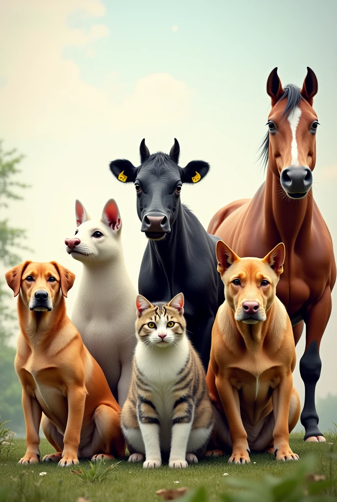 A horizontal and realistic image of a large breed dog or a small dog, one cat, a bird, a ferret, a cow and a horse in their respective original colors