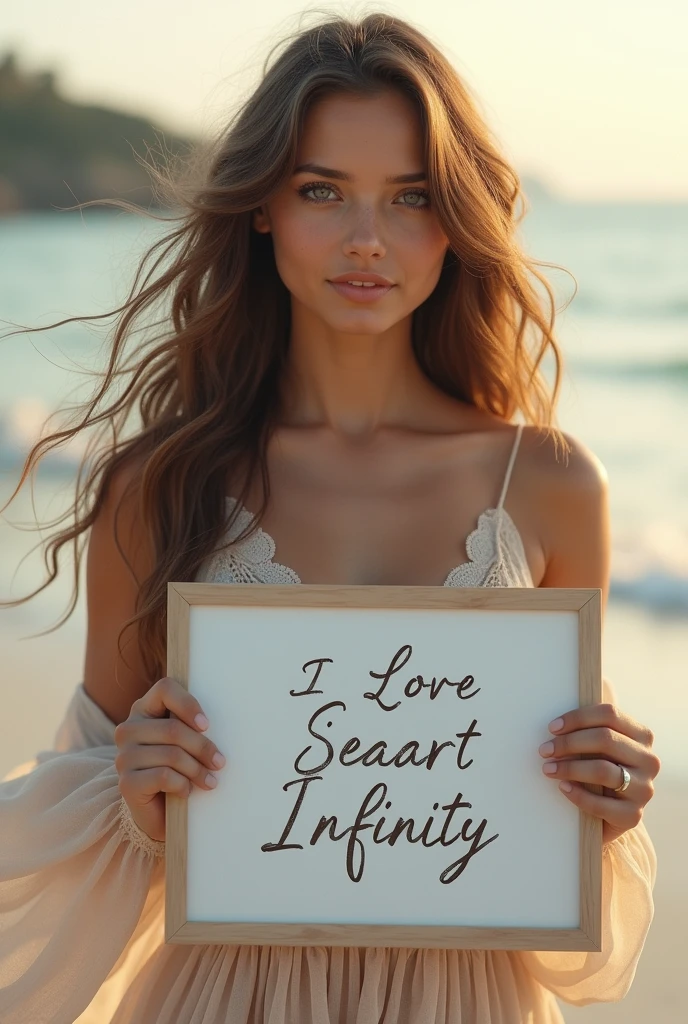 Beautiful girl with wavy long hair, bohemian dress, holding a white board with text "I Love Seaart Infinity" and showing it to the viewer