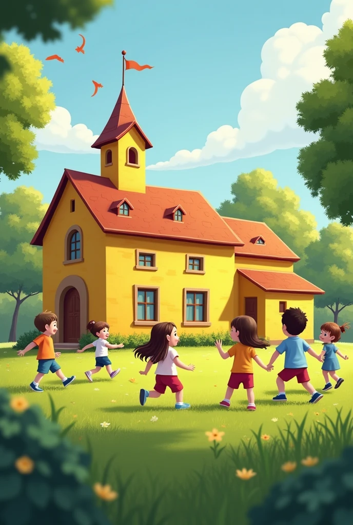 Yellow school with children playing in the park with green grass 
