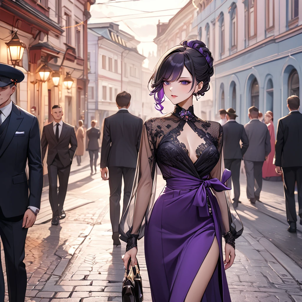 ((Highest quality)), ((masterpiece)), (detailed), (Perfect Face)、The woman is Shinobu Kocho, a Russian with black hair in a purple gradient bob style, tied up in a formal evening hairstyle.、In the streets of Russia, women are beautifully dressed in everyday Russian clothing and luxurious accessories.