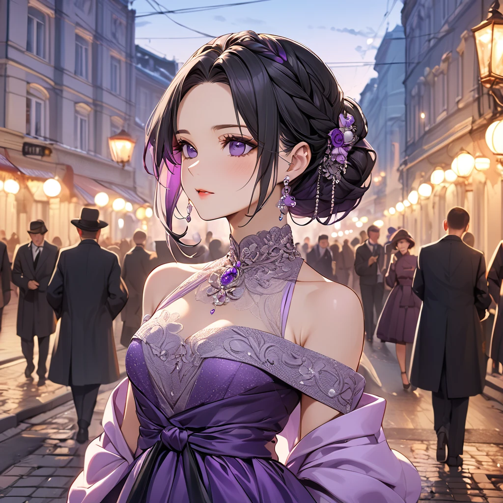 ((Highest quality)), ((masterpiece)), (detailed), （Perfect Face）、The woman is Shinobu Kocho, a Russian with black hair in a purple gradient bob style, tied up in a formal evening hairstyle.、In the streets of Russia, women are beautifully dressed in everyday Russian clothing and luxurious accessories.