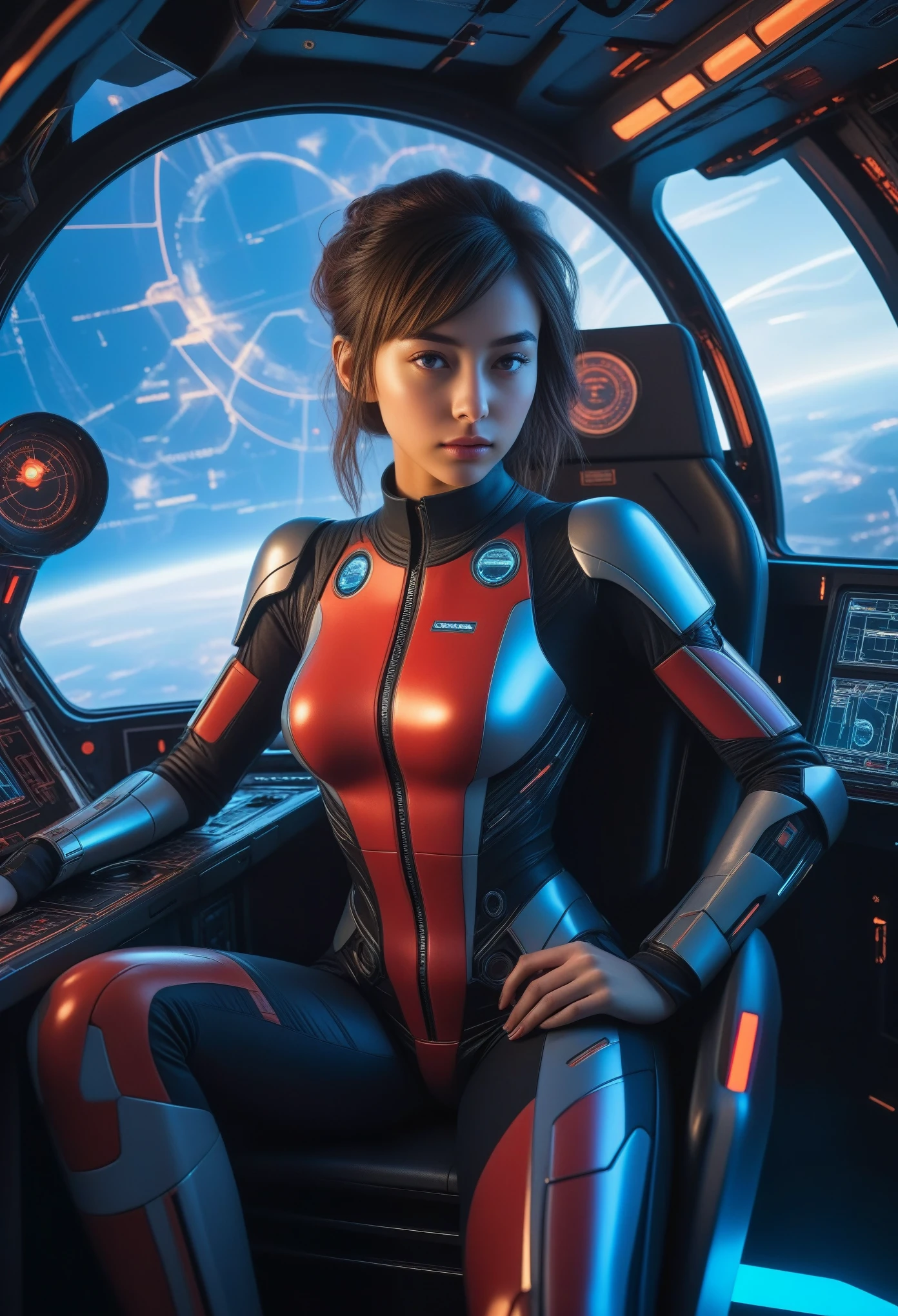 a beautiful 18-year-old girl, graceful expression, sitting in the cockpit of a spaceship, mechanical engineering background, holographic map black and blue and white and red color scheme, highly detailed, masterpiece, photorealistic,8k,hyper detailed, cinematic lighting, dramatic lighting, dramatic pose, dramatic atmosphere, intricate details, sharp focus, vibrant colors, volumetric lighting, cinematic composition, dramatic sci-fi atmosphere, vibrant colors, digital art, highly detailed, photorealistic, award winning concept art, Yaiba, toned thighs, futuristic erotic and sexy suit, big breasts 