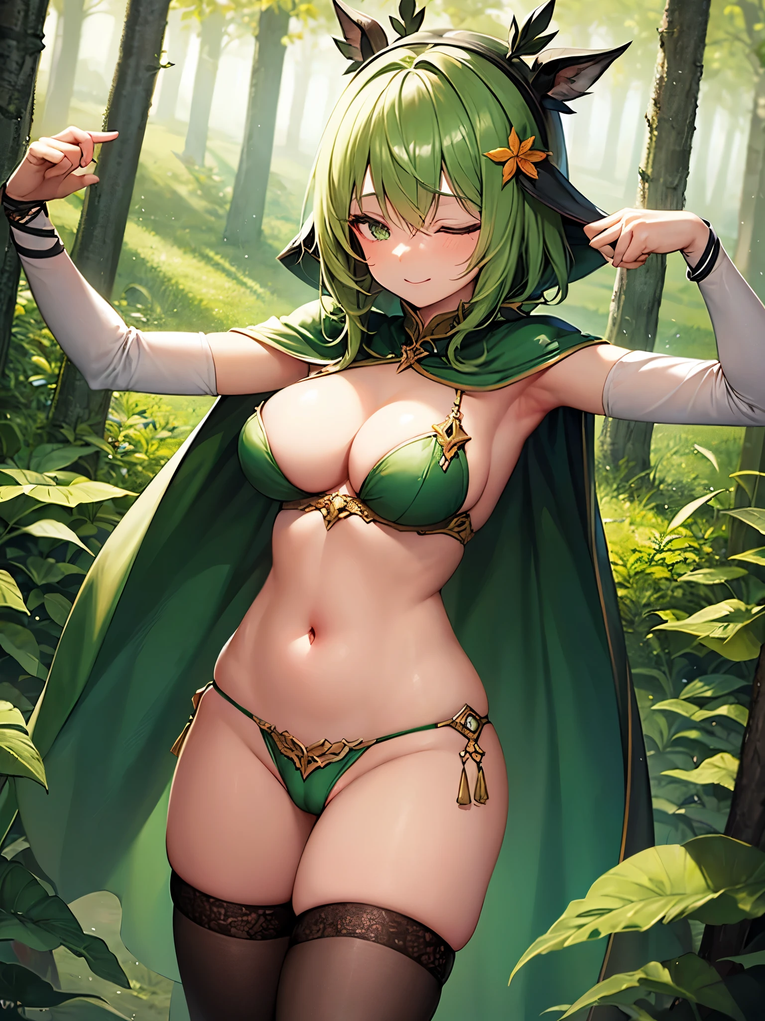 fantasy, 1forest_elemental_girl, (dark_skin)0.9, (using_leaves_clothes, green_leaves_covered_breasts, leaves_covered_pussy),large_breasts, walking, (smile, sleepy)+, medium_hair, navel, oil, (winding_vine_around_torso)++, forest_background, leaves_headgear, green_leaves_cape,armpits, spread_arms, large_staff, thighhighs, plump,solo
