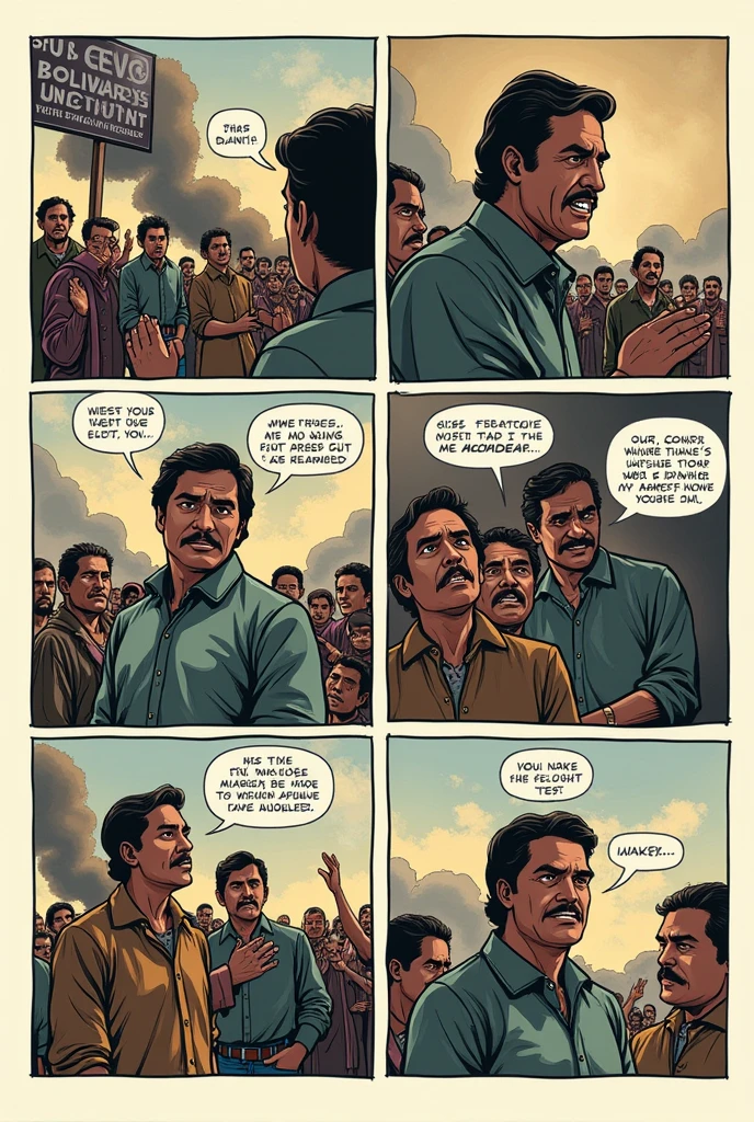 Make a six-part comic with references to Evo Morales and his downfall