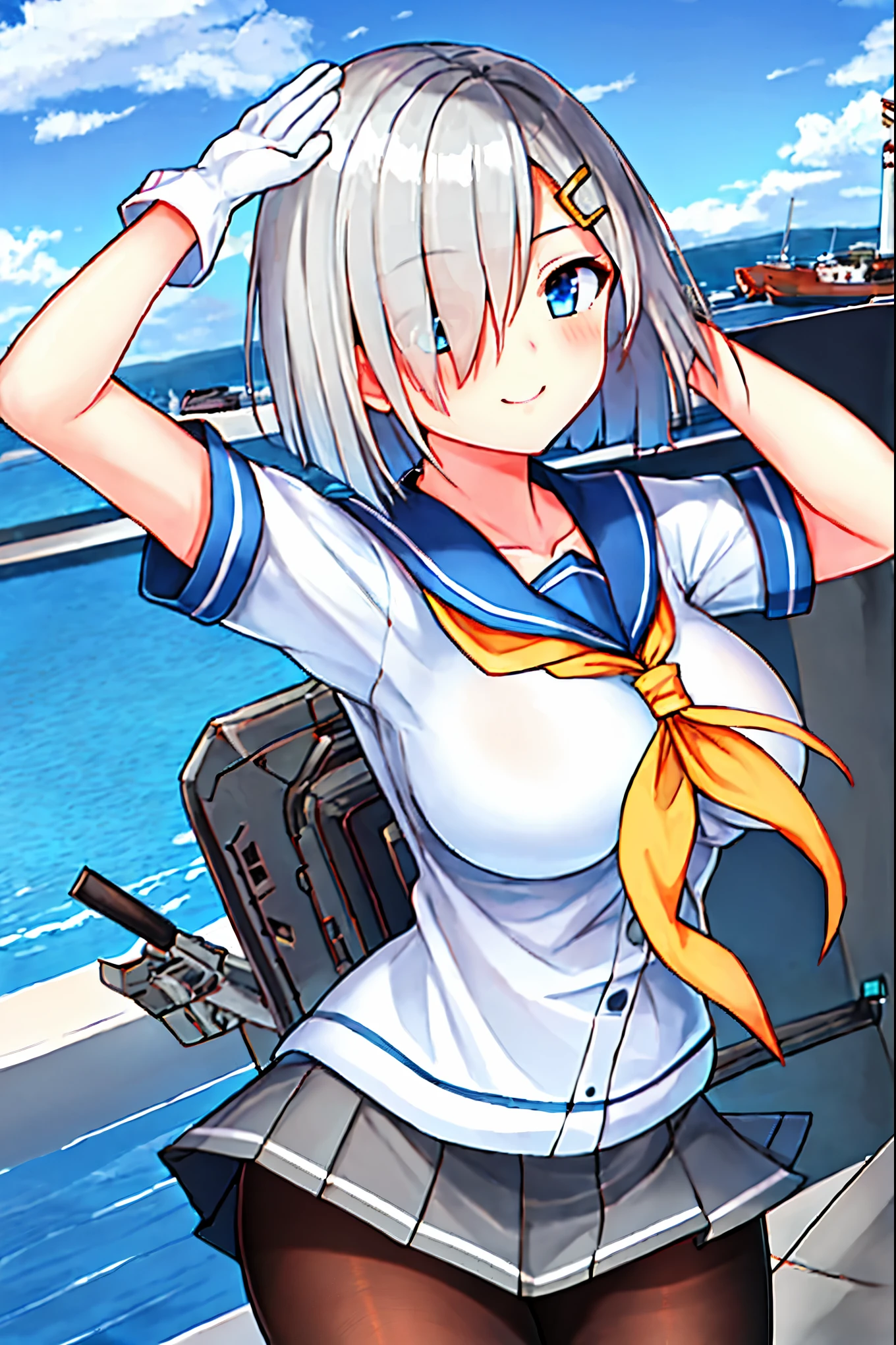 best quality, masterpiece, highres, solo, {hamakaze_kantaicollection:0.90}, 1girl, black_pantyhose, pleated_skirt, serafuku, short_sleeves, simple_background, white_background, yellow_neckerchief, white_gloves, looking_at_viewer, grey_skirt, blush, eyes_visible_through_hair, blue_sailor_collar, dynamic_posing,long_bangs,hair_over_one_eye,harbor_school_landscape_background,outdoor,smile,