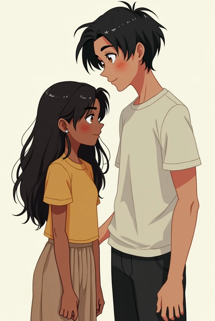 I want images of a girl with light brown skin, chubby, hair down to her shoulders next to a boy much taller than her with thin black and white hair