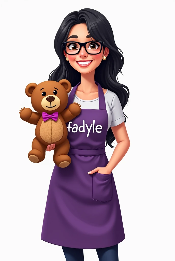 a woman with long black hair with black glasses wearing a purple teacher's apron that says fadyle in big letters with her hands in her pocket holding a handmade teddy bear in cartoon format with a white background