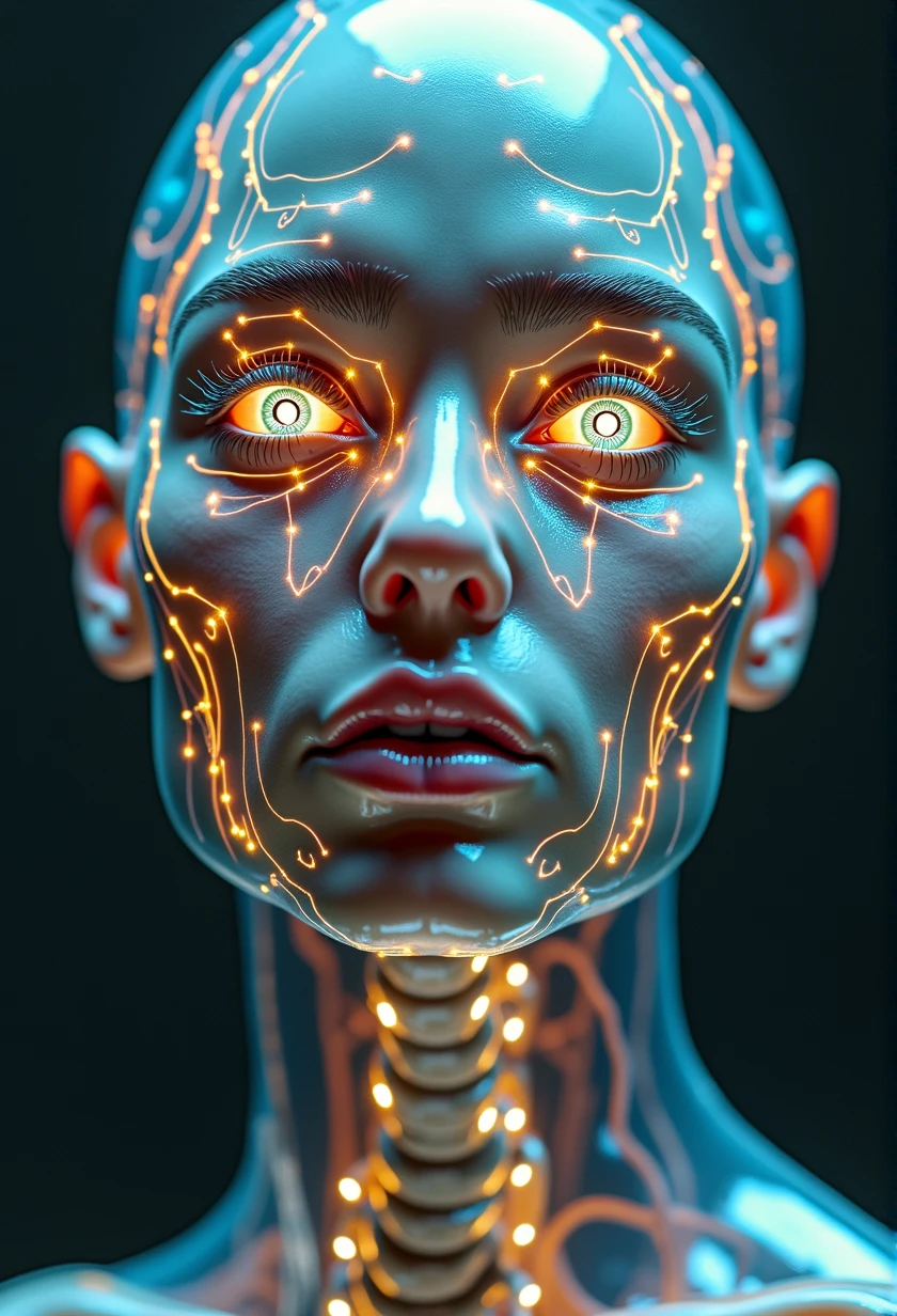 full black background, ultradetalised in Gans Rudolf Giger photostyle, ORGANIC BEAUTIFUL ANTHROPOMORPHIC MAN ORGANISM ANATOMICALLY LIKE HUMAN, translucent skin made of hard elastic silicone, eyeballs consist of dozens of LCD-monitors, iris consists of dozens of luminescent photomatrixes, the pupils are replaced by convex lenses of photographic lenses, the circulatory system is replaced by thousands of thin translucent tubes with dark blue fluid, the nervous system consists of the thinnest wires in multicolored insulation, soft white low light from spot, camera move from left to right around the character