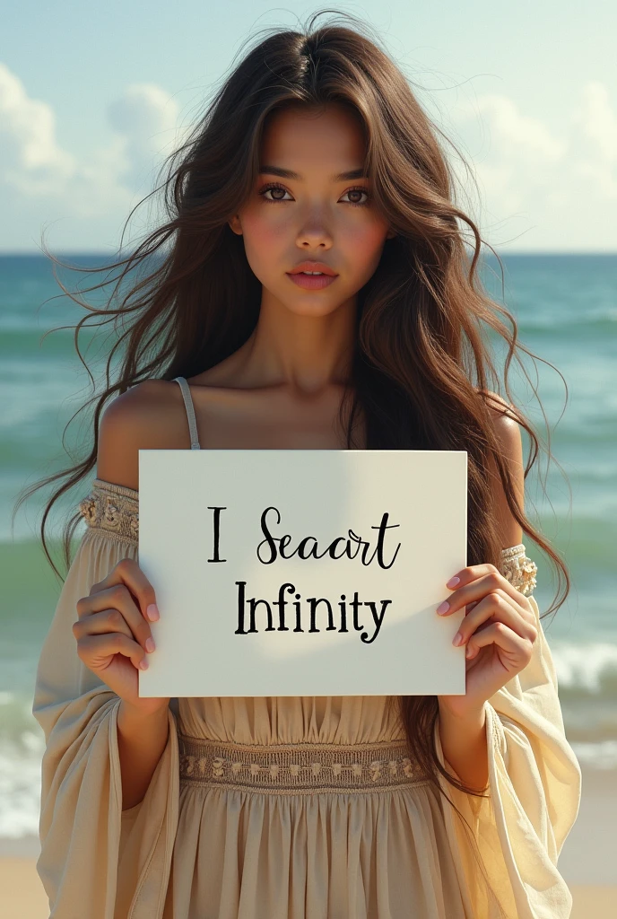 Beautiful girl with wavy long hair, bohemian dress, holding a white board with text "I Love Seaart Infinity" and showing it to the viewer