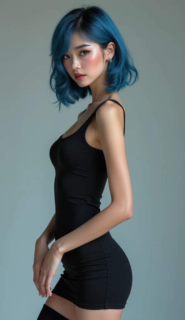 Full lenght, make a girl indistinguishable from reality, blue hair, narrow face, grey eyes, girl, 18 years old, slim figure, almond-shaped eyes, button nose, full lips, european appearance, ultra highly intricate detailed, black eyeliner, over knee stockings, looking at the camera, professional photography, ultra sharp focus, very beautiful