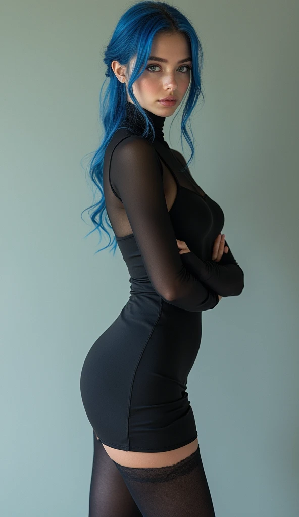 Full lenght, make a girl indistinguishable from reality, blue hair, narrow face, grey eyes, girl, 18 years old, slim figure, almond-shaped eyes, button nose, full lips, european appearance, ultra highly intricate detailed, black eyeliner, over knee stockings, looking at the camera, professional photography, ultra sharp focus, very beautiful