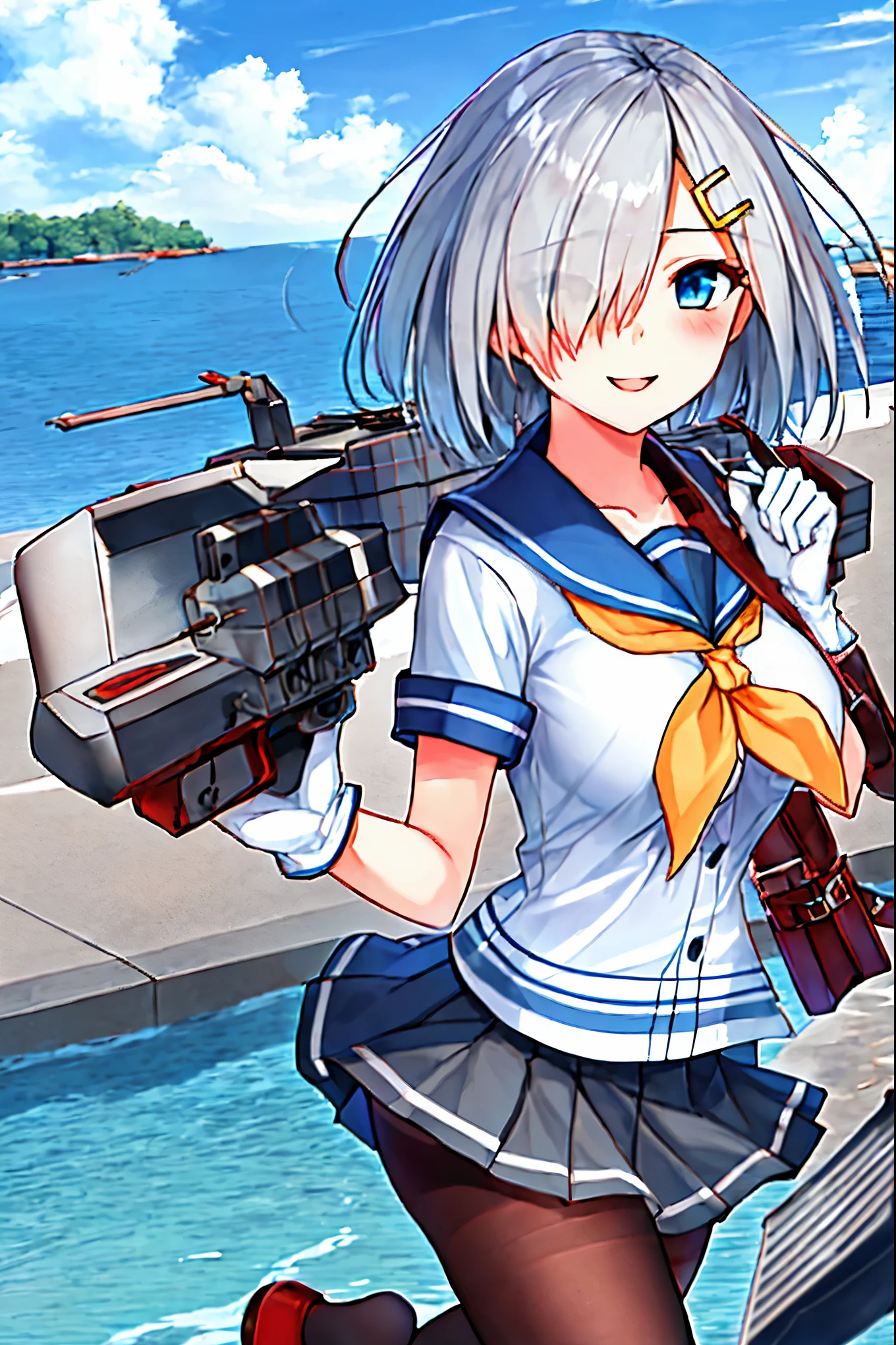 best quality, masterpiece, highres, solo, {hamakaze_kantaicollection:0.90}, 1girl, black_pantyhose, pleated_skirt, serafuku, short_sleeves, simple_background, white_background, yellow_neckerchief, white_gloves, looking_at_viewer, grey_skirt, blush, eyes_visible_through_hair, blue_sailor_collar, dynamic_posing,long_bangs,hair_over_one_eye,harbor_school_landscape_background,outdoor,smile,