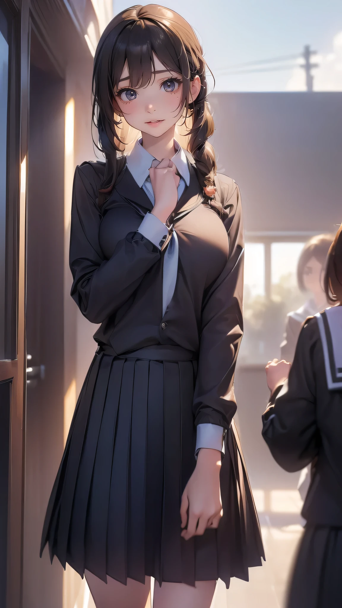((clothed:1.5,school uniform:1.5)),(from below:1.2),(Thin type:1.8),(big breasts),(random hairstyle),(Highest image quality,(8k),ultra-realistic,best quality, high quality, high definition, high quality texture,high detail,beautiful detailed,fine detailed,extremely detailed cg,detailed texture,a realistic representation of the face,masterpiece,Sense of presence)