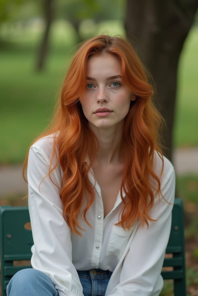 young woman 25 years old, copper colored hair and white skin, She is sitting in a park, photo taken from afar