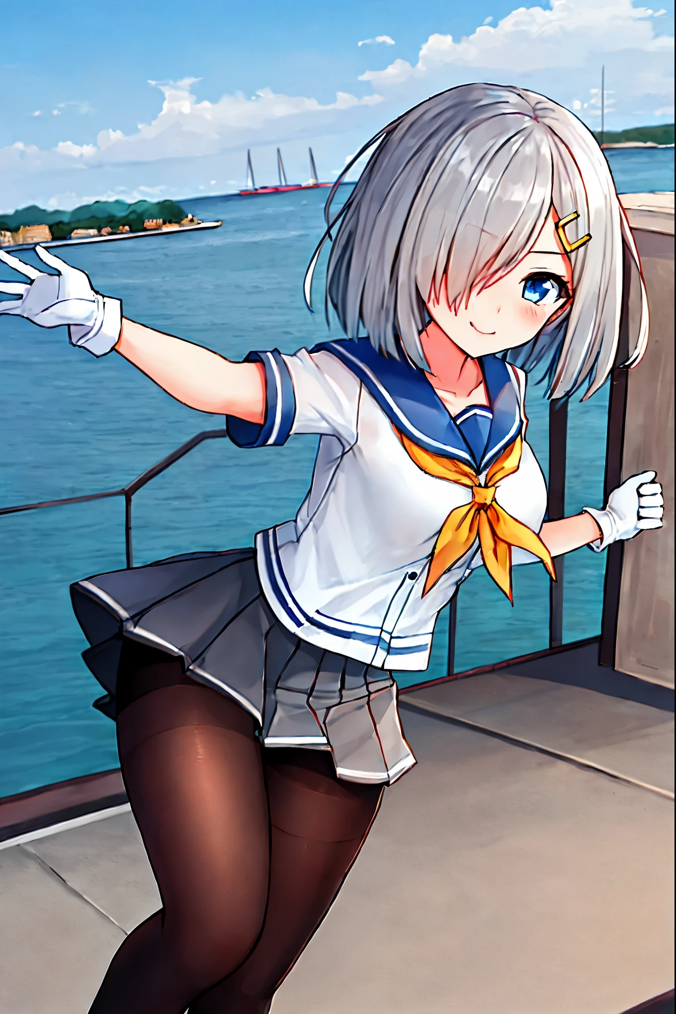 best quality, masterpiece, highres, solo, {hamakaze_kantaicollection:0.90}, 1girl, black_pantyhose, pleated_skirt, serafuku, short_sleeves, simple_background, white_background, yellow_neckerchief, white_gloves, looking_at_viewer, grey_skirt, blush, eyes_visible_through_hair, blue_sailor_collar, dynamic_posing,long_bangs,hair_over_one_eye,harbor_school_landscape_background,outdoor,smile,