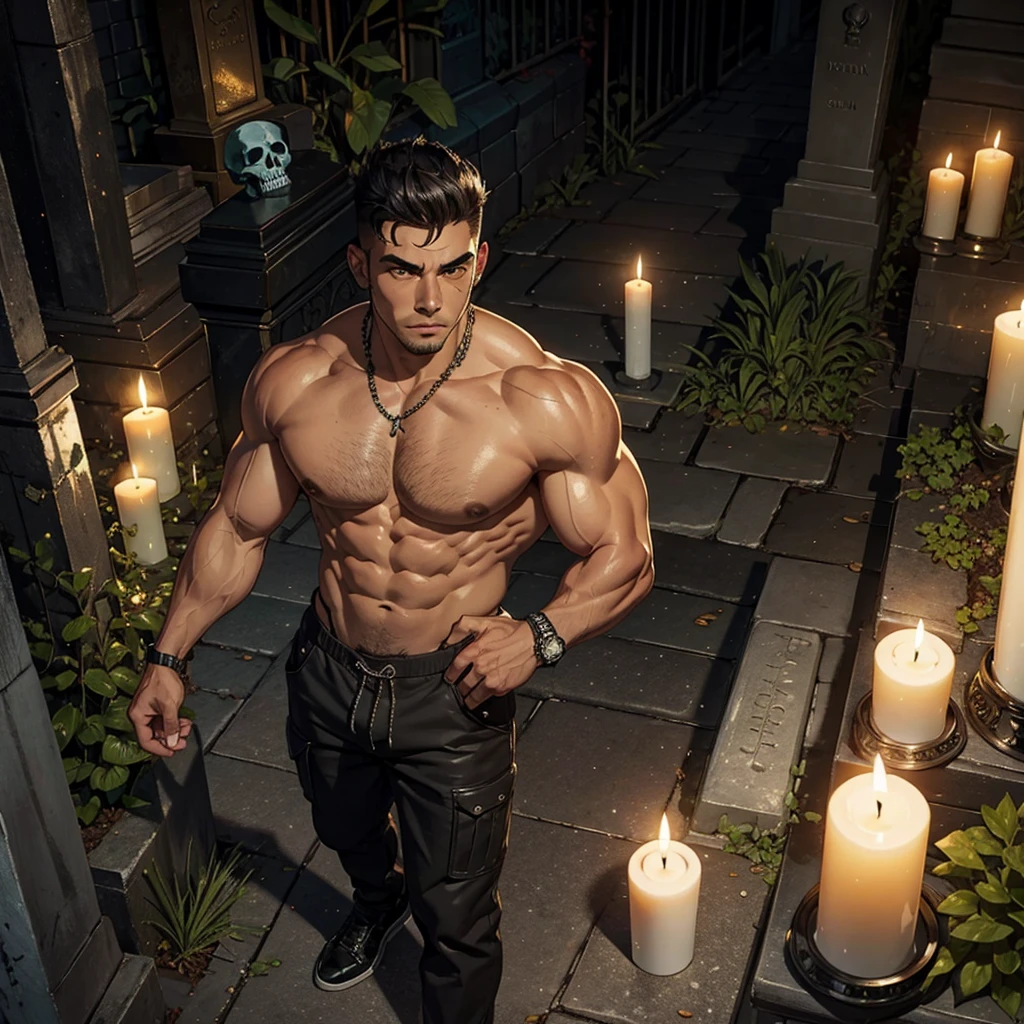 latin, mexican, muscle, street man, cemetery, streets lights, chicano, skull, candle