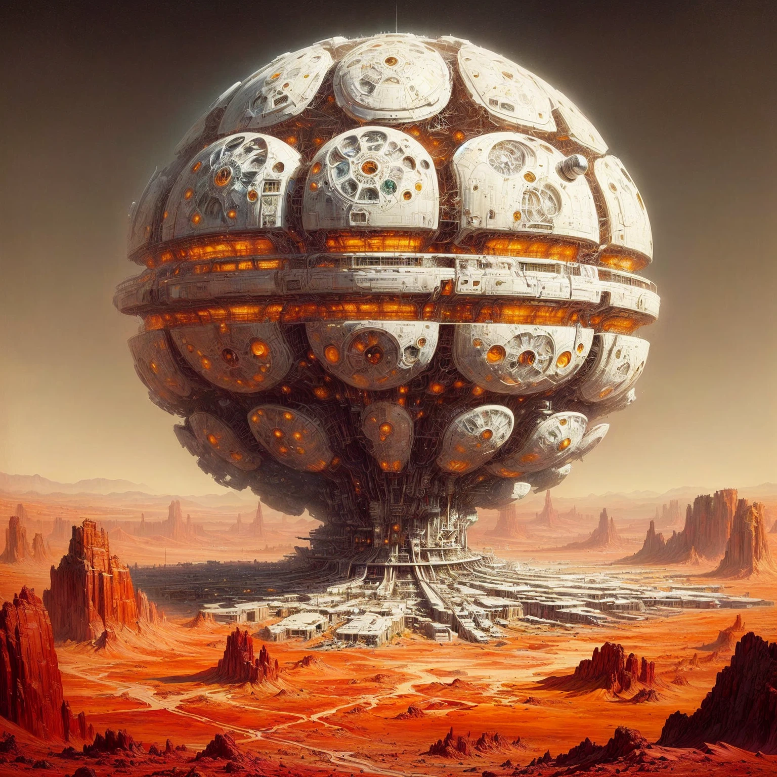 a close-up of a futuristic space station in a desert landscape, Und McPharlin, Greg Beeple, Wayne Douglas Barlowe, Und McPharlin : : Elaborate, Science-Fiction-Kunst, 7 0 s Sci-Fi Art, detaillierte Sci-Fi Art, award winning Sci-Fi Art, ancient Science-Fiction-Kunst, Science Fiction Artwork, Science-Fiction-Kunst ], Sci-Fi Art