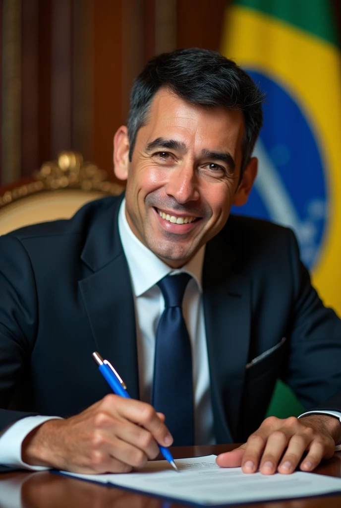 ((best quality)), ((masterpiece)), (detailed), perfect face, man, short black hair, 35 years old, as president of Brazil, Sitting in the presidential chair, signing laws with a blue pen, This law will recover all state-owned companies that were privatized, determined face, the Brazilian flag is in the background