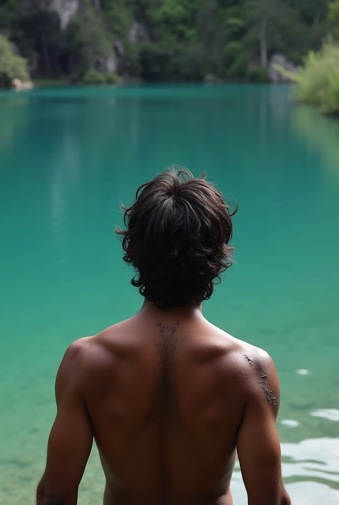 I want a man with his back to the edge of a lake with crystal clear waters, the water covers up to your knee, he is shirtless, His back has several scars from scratches and bites from a monster with giant claws., Your skin is dark and your hair reaches your shoulders