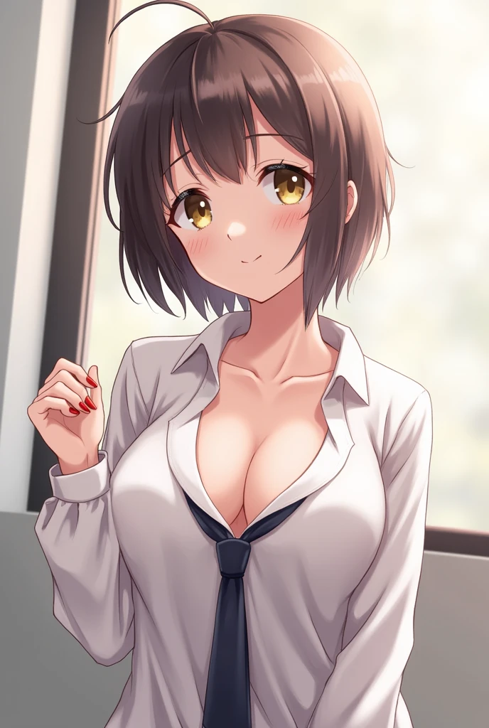 Braless anime girl with an open button-down shirt and a tie between her breasts