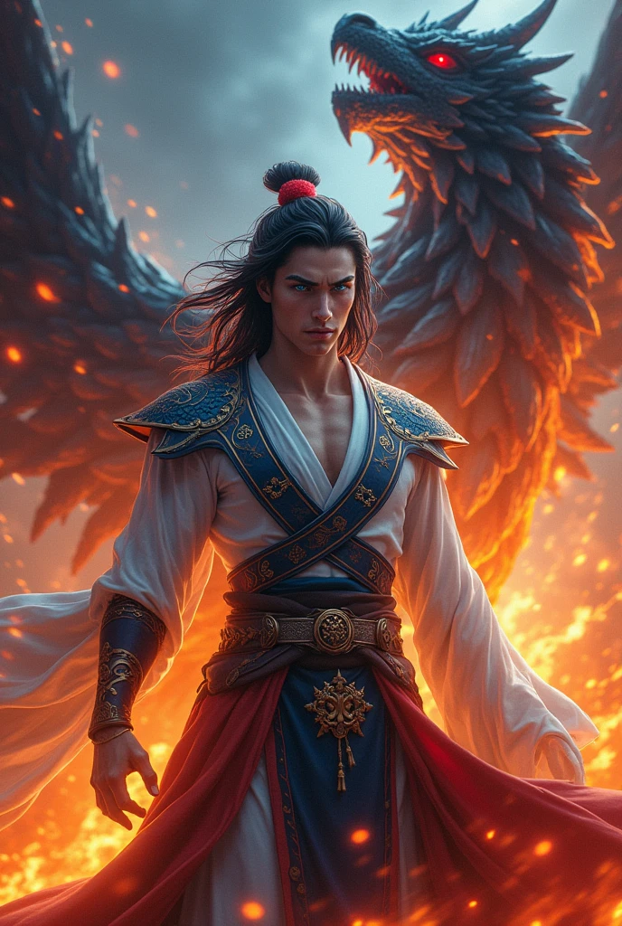 A white-skinned prince, Medium length black hair with red tips. Blue eyes, pink lips and a black and blue fire Phoenix Dragon behind him. He will have a warrior outfit and on the chest of his outfit there will be the logo of a dragon head and a wing. U.S. citizenship