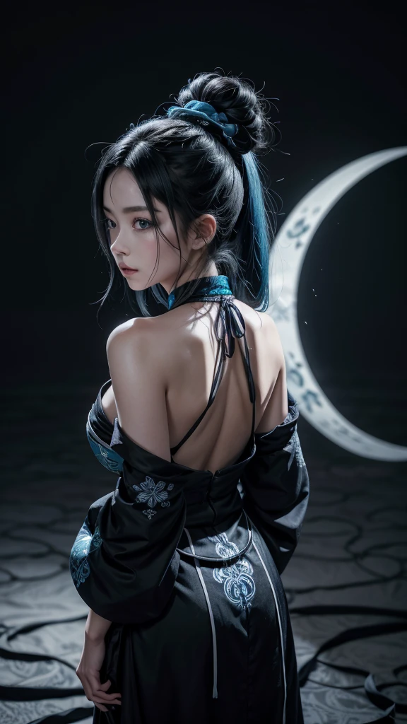 Screenshot from Kimetsu No Yaiba The image shows a mysterious and elegant woman, with long, aqua blue hair cascading down her back, with black locks that intertwine with the blue. His face is completely covered by a mask that is half white and half black with intricate designs that look like snowflakes and ice blocks.. On top of the mask, There is a design that resembles the full moon, with fine and delicate details.

The woman is wearing a black kimono with blue and white details., which resembles the style of the Demon Slayers of Kimetsu No Yaiba. Her posture is meditating while the moonlight accompanies her. The background of the image is dark and mysterious., with shadows that resemble the night. The lighting is dim, with a soft focus that highlights the figure of the woman.