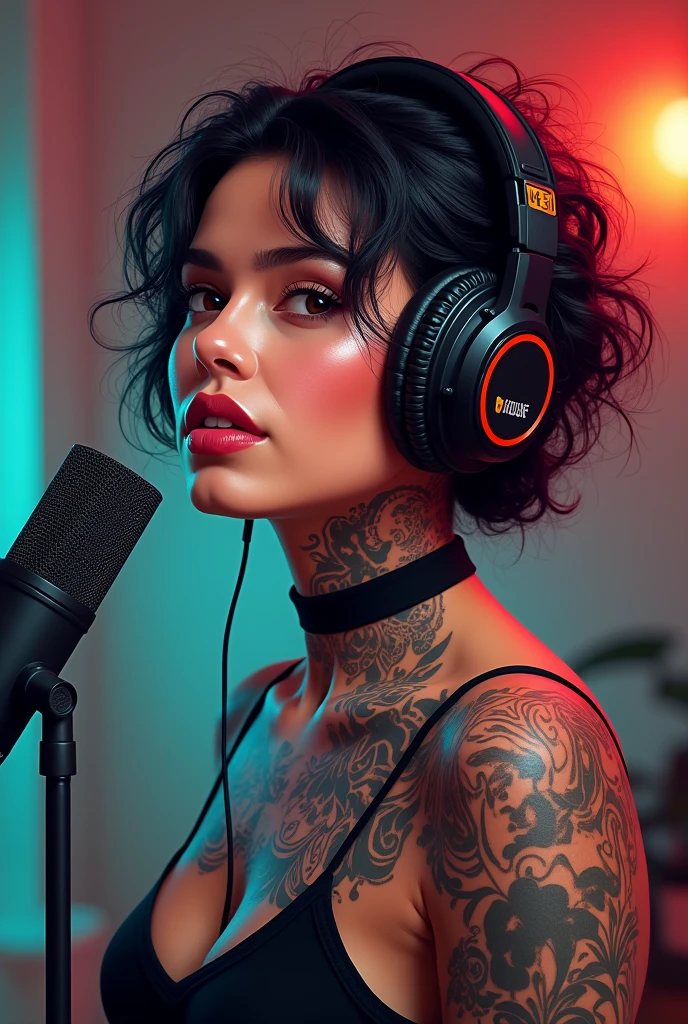 Create an image of a Mexican YouTuber who has tattoos, that he has headphones on his head and is speaking into a podcast microphone, the image that is profile