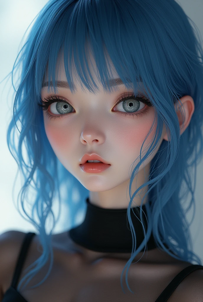 Full lenght, make a girl indistinguishable from reality, blue hair, narrow face, grey eyes, girl, 18 years old, slim figure, almond-shaped eyes, button nose, full lips, european appearance, ultra highly intricate detailed, black eyeliner, over knee stockings, looking at the camera, professional photography, ultra sharp focus, very beautiful