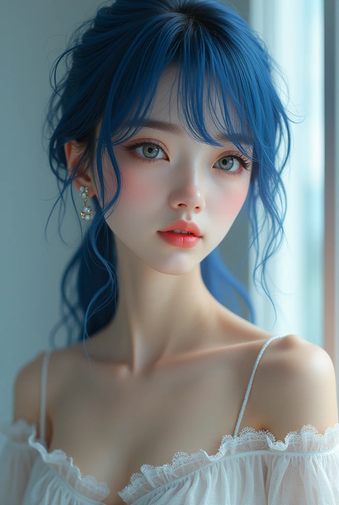 Full lenght, make a girl indistinguishable from reality, blue hair, narrow face, grey eyes, girl, 18 years old, slim figure, almond-shaped eyes, button nose, full lips, european appearance, ultra highly intricate detailed, black eyeliner, over knee stockings, looking at the camera, professional photography, ultra sharp focus, very beautiful