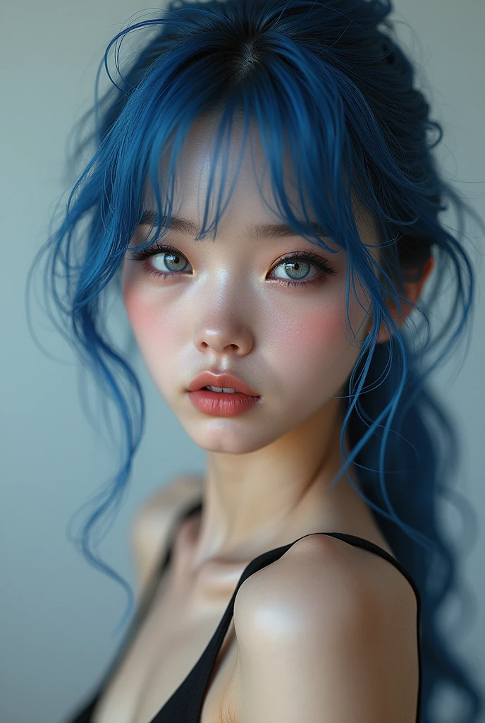Full lenght, make a girl indistinguishable from reality, blue hair, narrow face, grey eyes, girl, 18 years old, slim figure, almond-shaped eyes, button nose, full lips, european appearance, ultra highly intricate detailed, black eyeliner, over knee stockings, looking at the camera, professional photography, ultra sharp focus, very beautiful