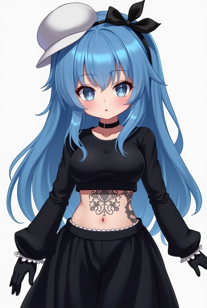 Roblox white girl, blue hair, white bangs, small elegant black bow behind her head, black crop top with cap and long sleeves and tattoo between the chest and belly, large back skirt and gloves