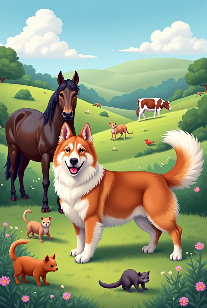 An horizontal image and drawn towards realism, A large breed dog, a small dog, one cat, a little bird, a little ferret, a cow and a horse in the original colors of the respective animals