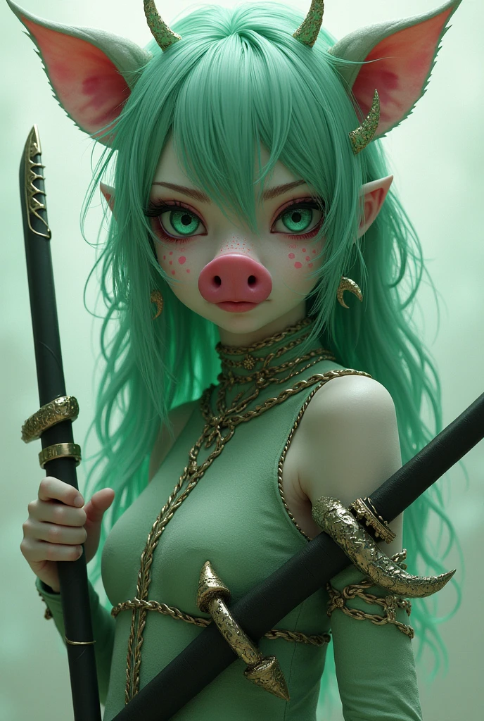 Girl in pastel green tone, pink spots on the skin, o nariz dela e escuro como o de um porco thorn, O cabelo (thorn) hers is long, She wears a cunning outfit, has a dagger and a katana and has claws