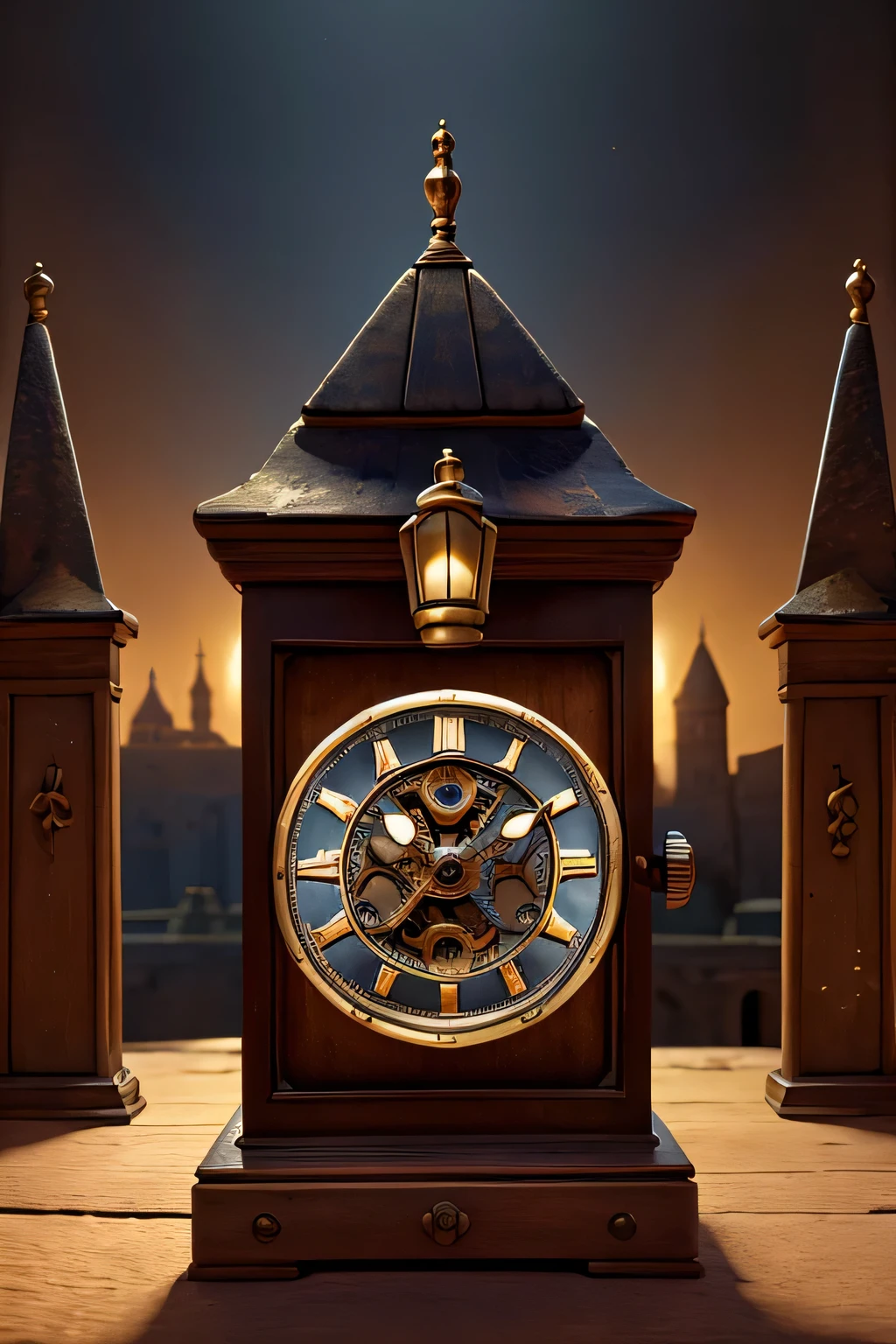 An old, antique watch with intricate gears and a glowing face. Behind it, faint images of different historical eras blend together—a medieval castle, a futuristic city, and an ancient pyramid.