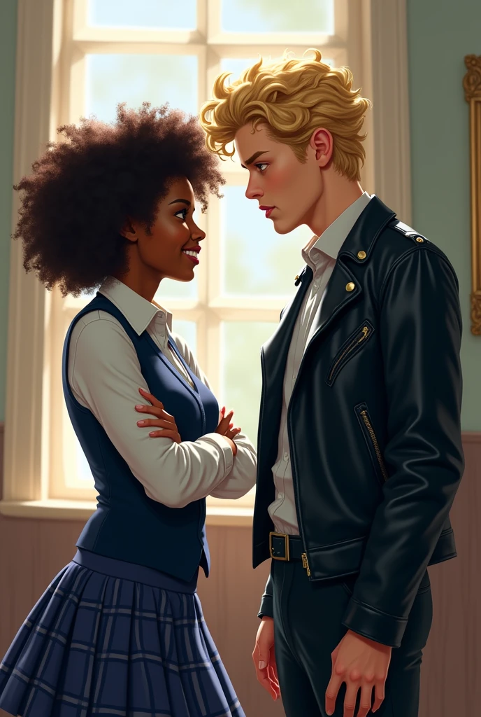 a black woman, with curly hair, with arms crossed, wearing a school uniform, type navy blue plaid skirt and a formal blouse with a vest also axul on top. She looks at the boy with a more humorous face...
The boy has blond hair, with rebellious curls. He is white, wears formal wear with a black leather jacket, while looking at the woman with a mocking look.
The man is taller than the woman. The man has the badboy style