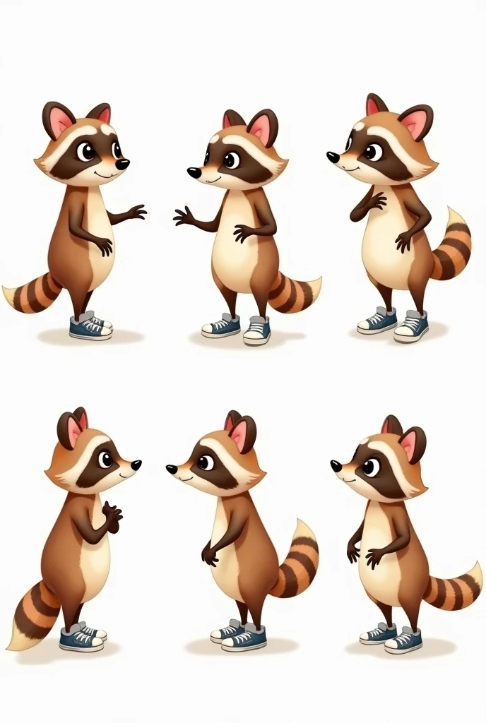 Cute anthropomorphic raccoon with two legs in 6 degrees of different poses (back, front, side), wearing sneakers shoes, character sheet, T position, standing, front, side, backboob, Multiple postures and facial expressions, big eyes cartoon. watercolor, children's book illustration, Beatrix Potter Style, watercolor,