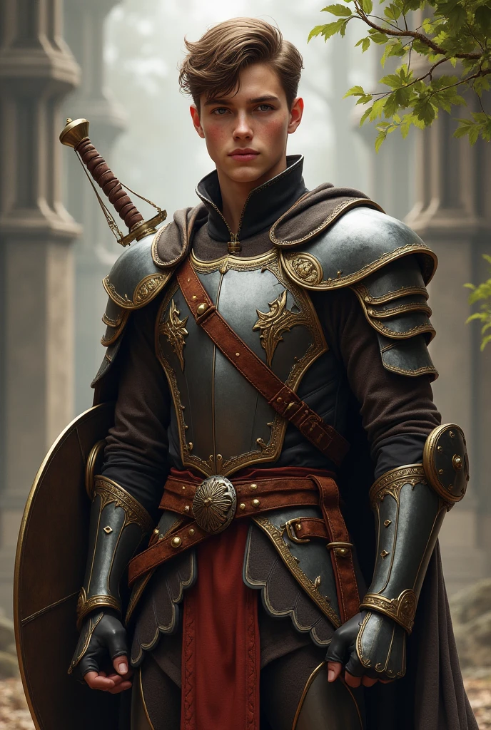  human male paladin, of an RPG with leather armor a light shield, short sword, long sword and a short bow