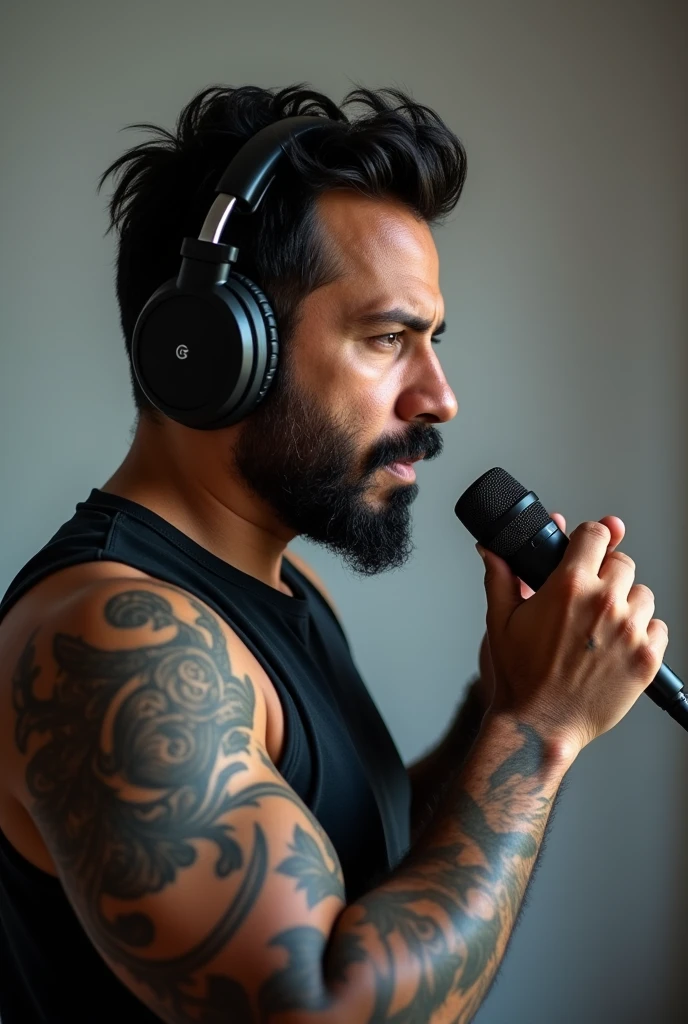 Create an image of a male Mexican YouTuber who has tattoos, that he has headphones on his head and is speaking into a podcast microphone, the image that is profile