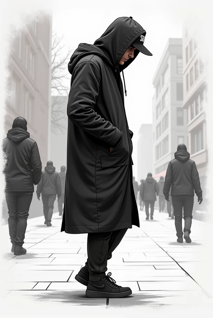 Full body profile drawing of a man walking on the sidewalk, He is wearing a black hooded coat and is hooded, He has a cap that says "SOUR", He has his hands in his pockets and is looking down.
