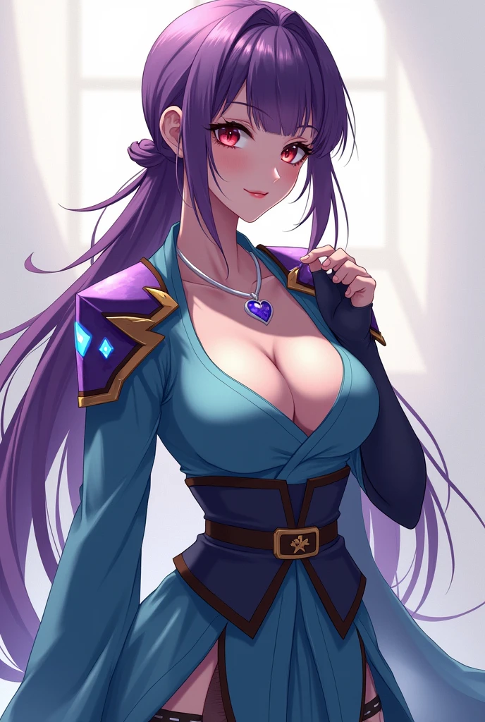 Long hair, purple hair, big breast, blackberry eyes, anime style, dress celeste, mature women, straight hair, fringe, no lipstick , low ponytail , hakama, legwear blue marine, arm wear blue marine, no change in color of dress, necklace heart, shoulder armor purple with, light symbol white in shoulder armor, obi blue, strap brown, sleeveless